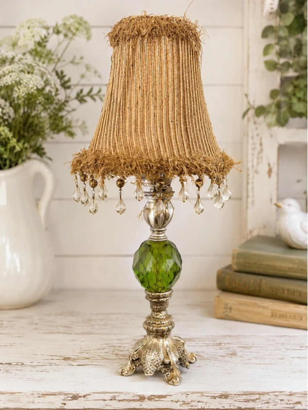 Vintage Cottage Style Accent Lamp with Green Glass Stem & Crystal Beaded Fringe